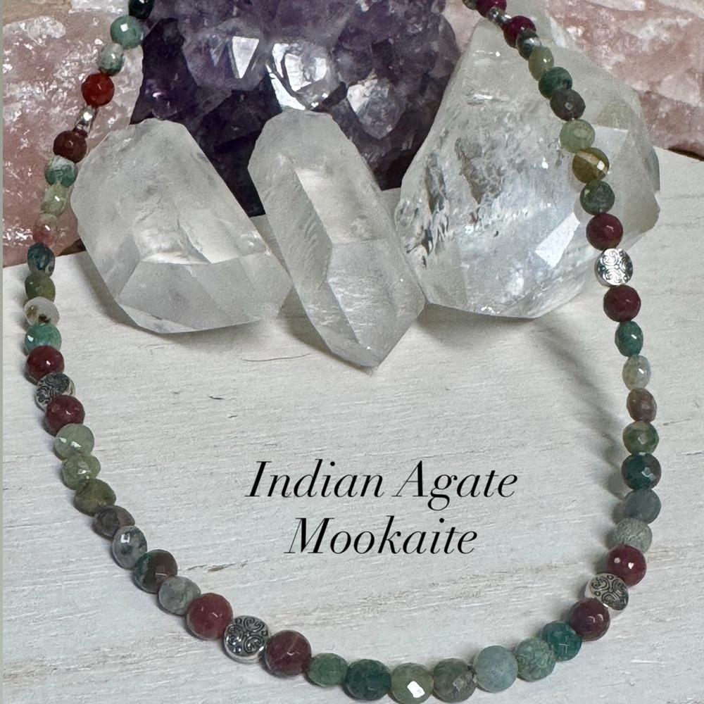 16” Moss Agate & Mookaite Beaded Gemstone Choker Necklace